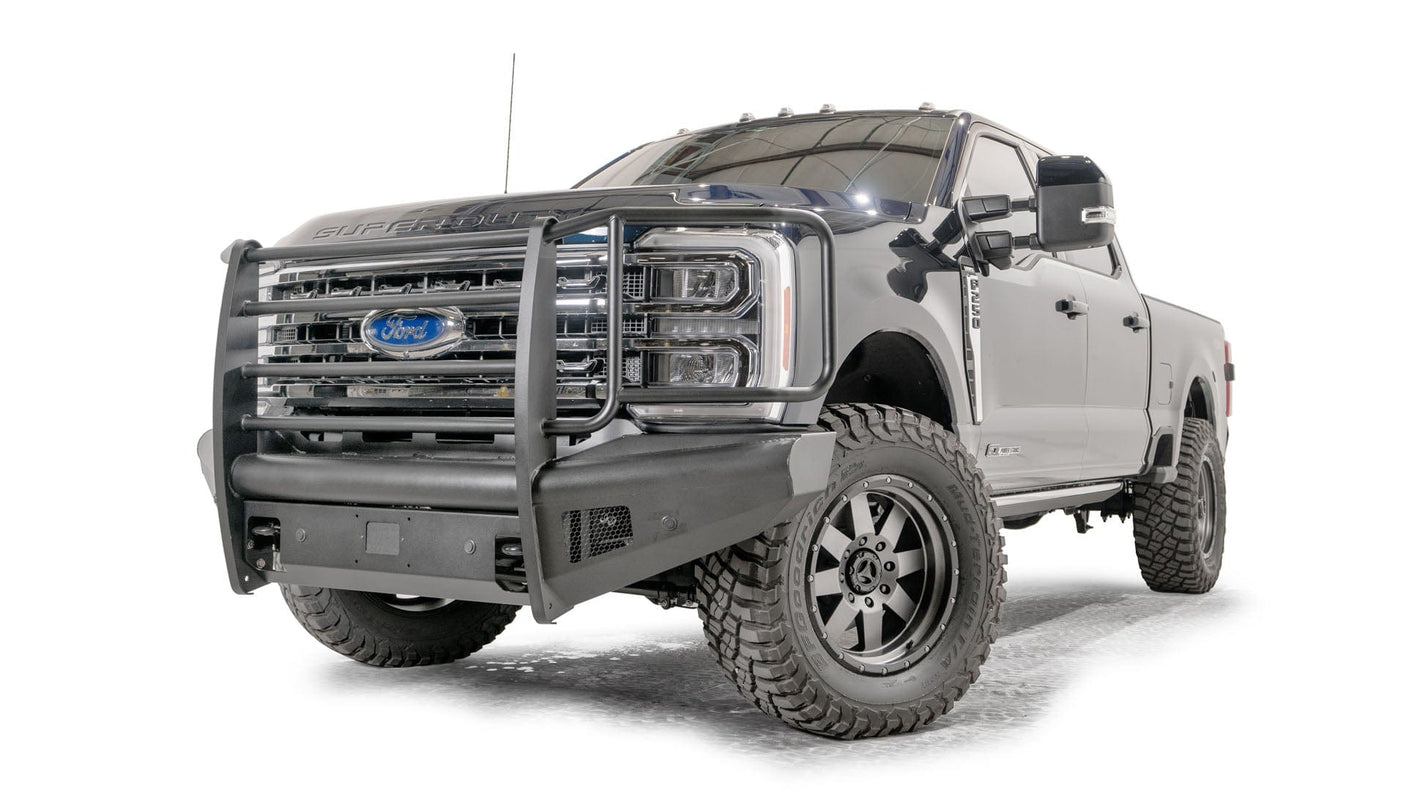 Fab Fours FS23-Q5960-1 Ford F250/F350/F450/F550 Super Duty 2023 Black Steel Elite Front Bumper Full Guard - BumperStock