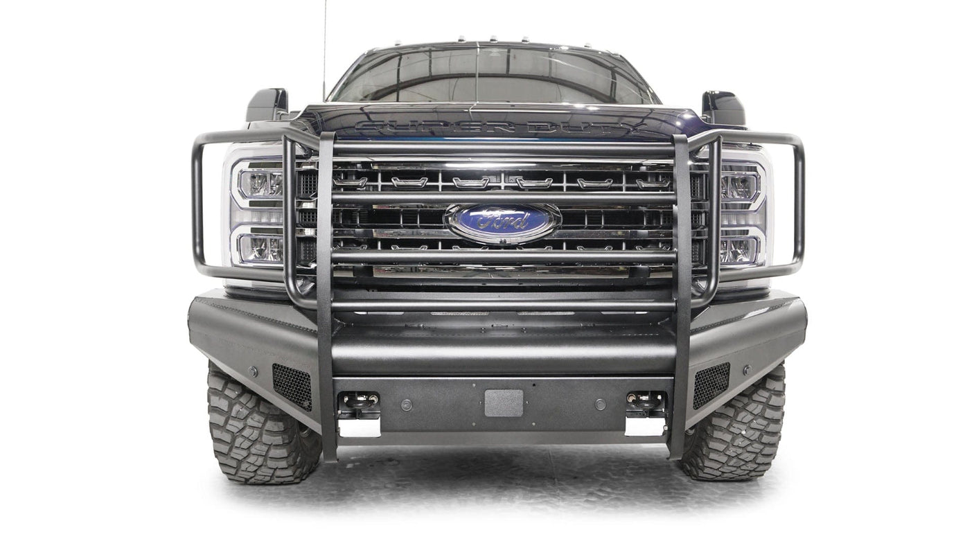 Fab Fours FS23-Q5960-1 Ford F250/F350/F450/F550 Super Duty 2023 Black Steel Elite Front Bumper Full Guard - BumperStock