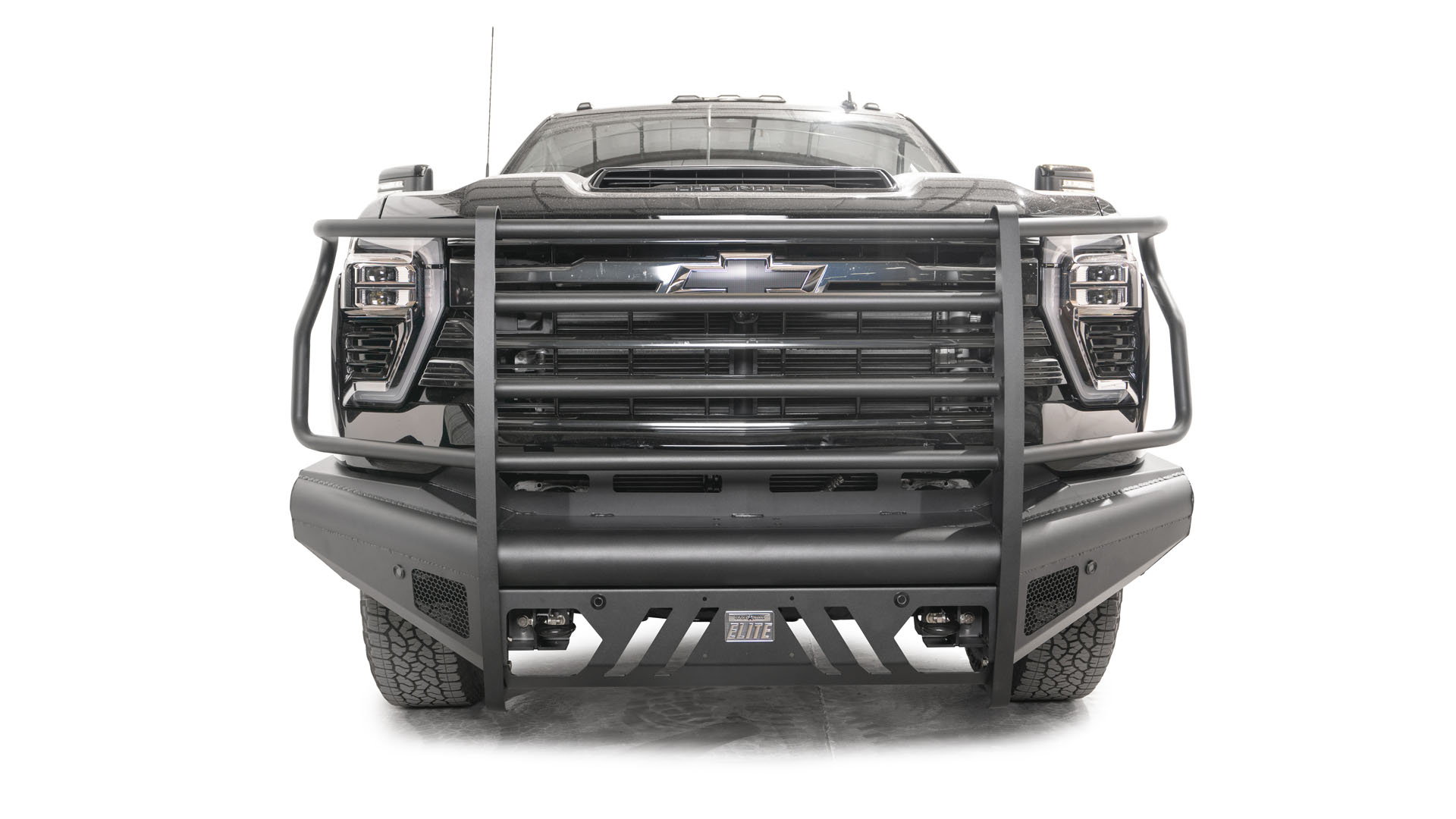 Fab Fours CH24 - Q6160 - 1 2024 Chevy Silverado 2500/3500 HD Black Steel Elite Front Bumper Full Guard - Rugged Truck Gear