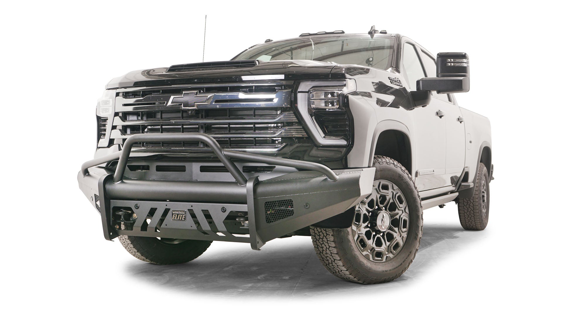 Fab Fours CH24 - Q6162 - 1 2024 Chevy Silverado 2500/3500 HD Black Steel Elite Front Bumper Pre - Runner Guard - Rugged Truck Gear