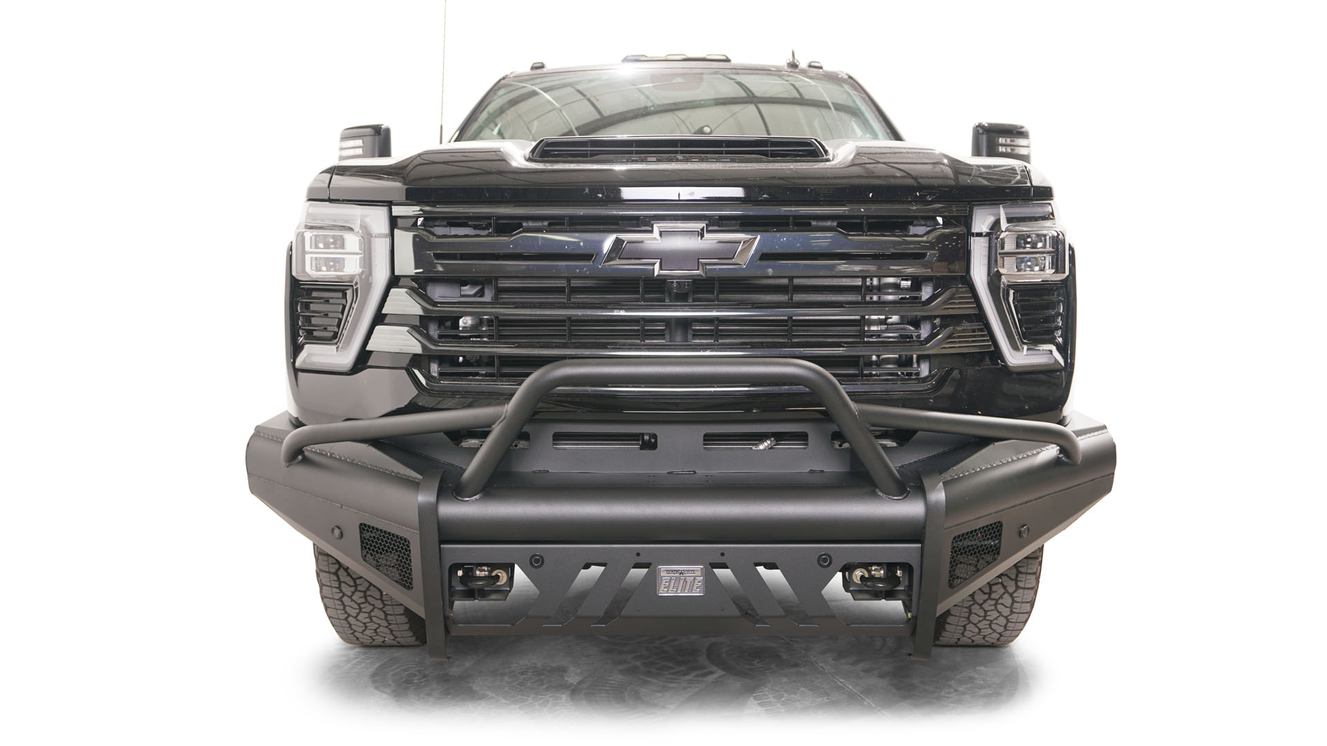 Fab Fours CH24 - Q6162 - 1 2024 Chevy Silverado 2500/3500 HD Black Steel Elite Front Bumper Pre - Runner Guard - Rugged Truck Gear