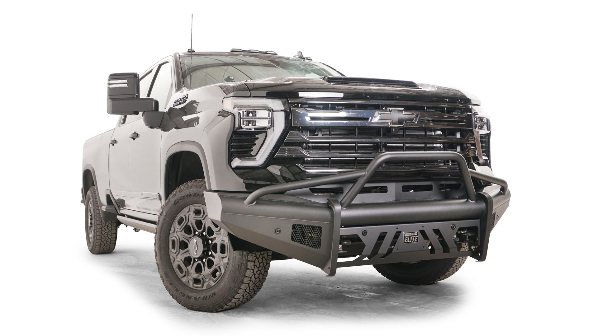 Fab Fours CH24 - Q6162 - 1 2024 Chevy Silverado 2500/3500 HD Black Steel Elite Front Bumper Pre - Runner Guard - Rugged Truck Gear