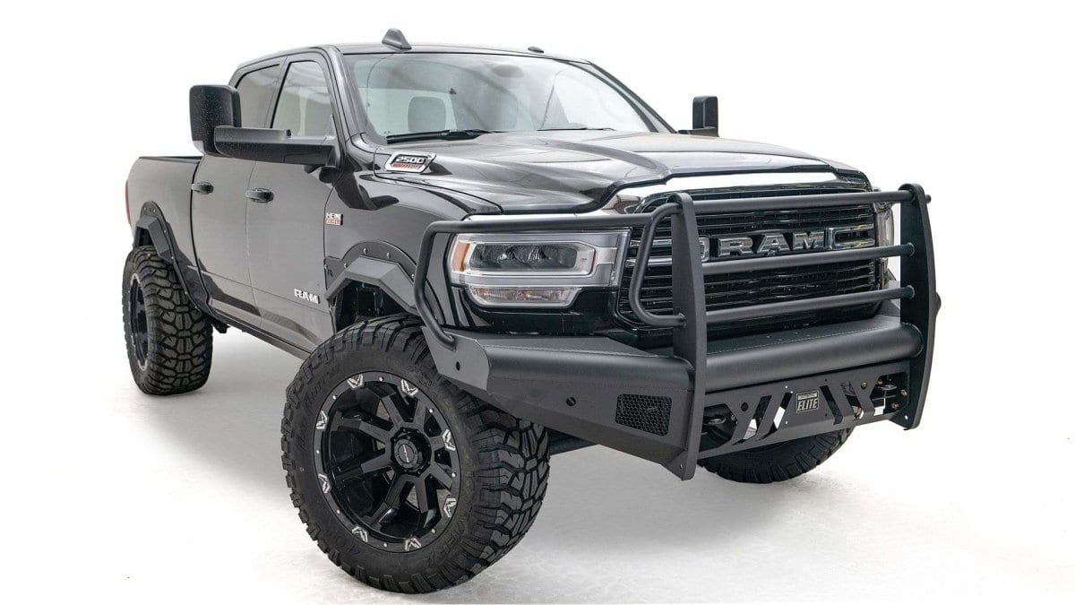 Fab Fours DR19 - Q4460 - 1 Ram 2500/3500 HD 2019 - 2024 Black Steel Elite Front Bumper Full Guard - Rugged Truck Gear