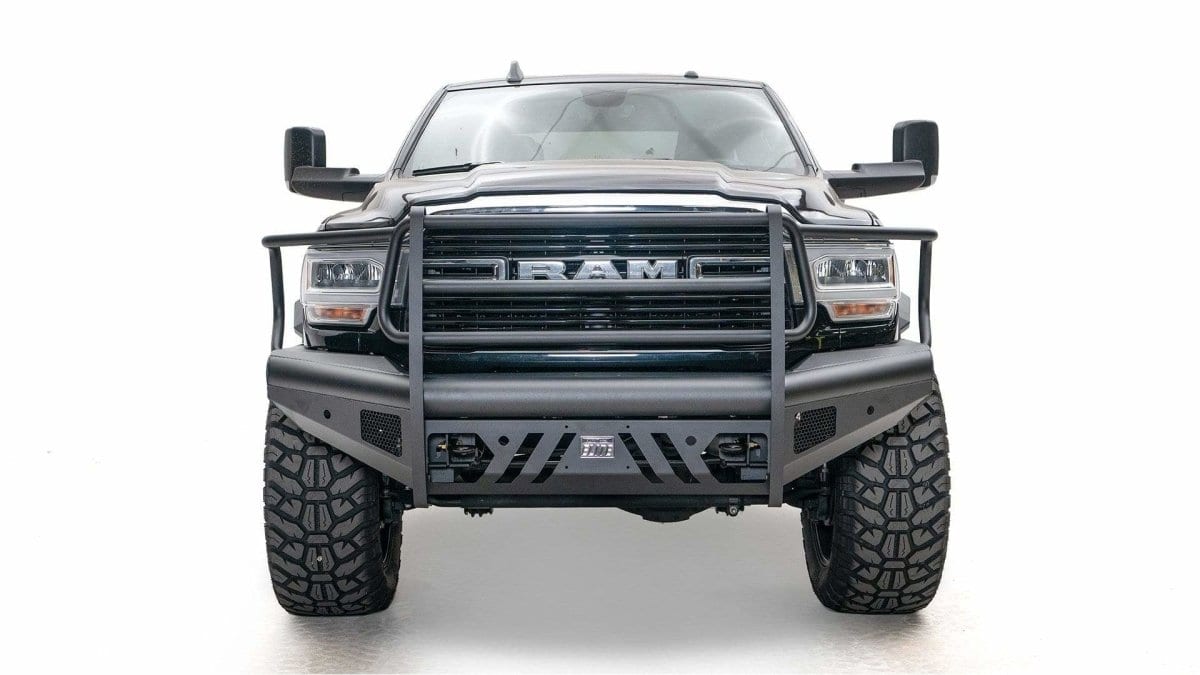 Fab Fours DR19 - Q4460 - 1 Ram 2500/3500 HD 2019 - 2024 Black Steel Elite Front Bumper Full Guard - Rugged Truck Gear