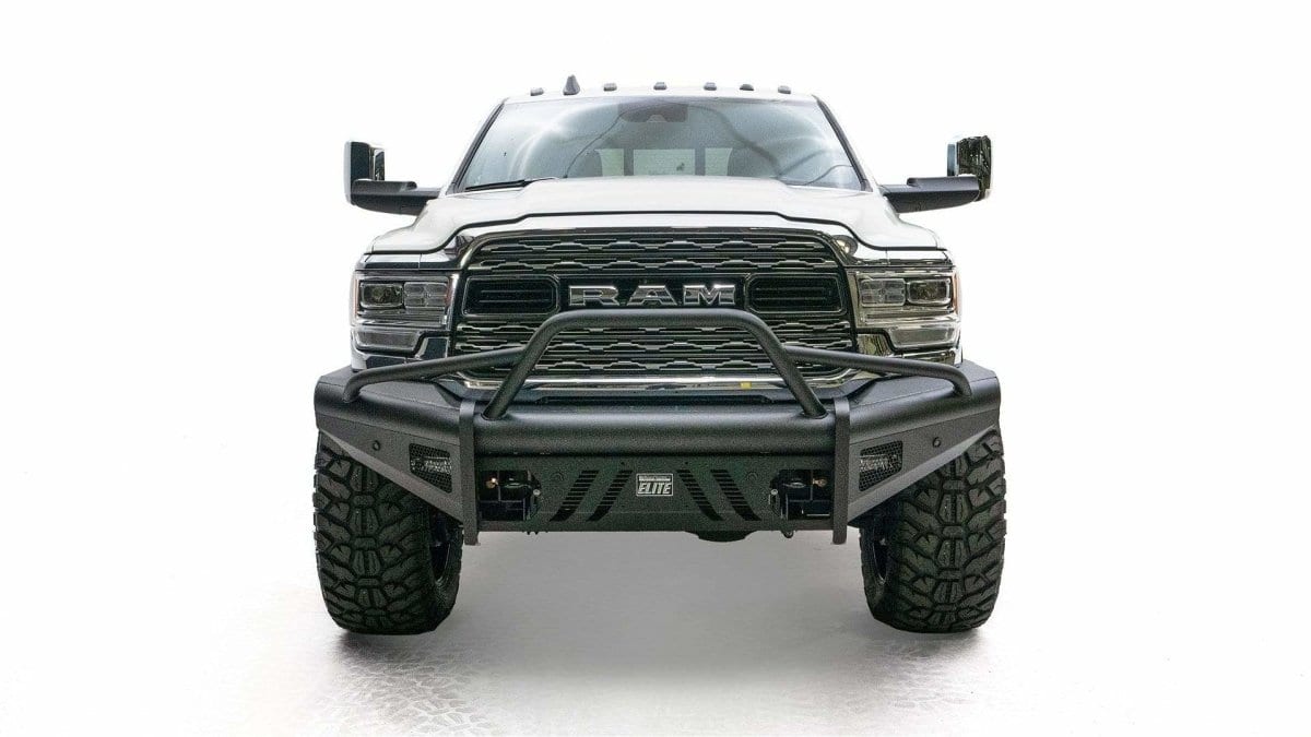 Fab Fours DR19 - Q4462 - 1 Ram 2500/3500 HD 2019 - 2024 Black Steel Elite Front Bumper Pre - Runner Guard - Rugged Truck Gear