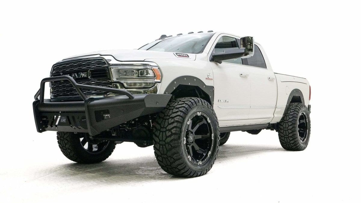 Fab Fours DR19 - Q4462 - 1 Ram 2500/3500 HD 2019 - 2024 Black Steel Elite Front Bumper Pre - Runner Guard - Rugged Truck Gear