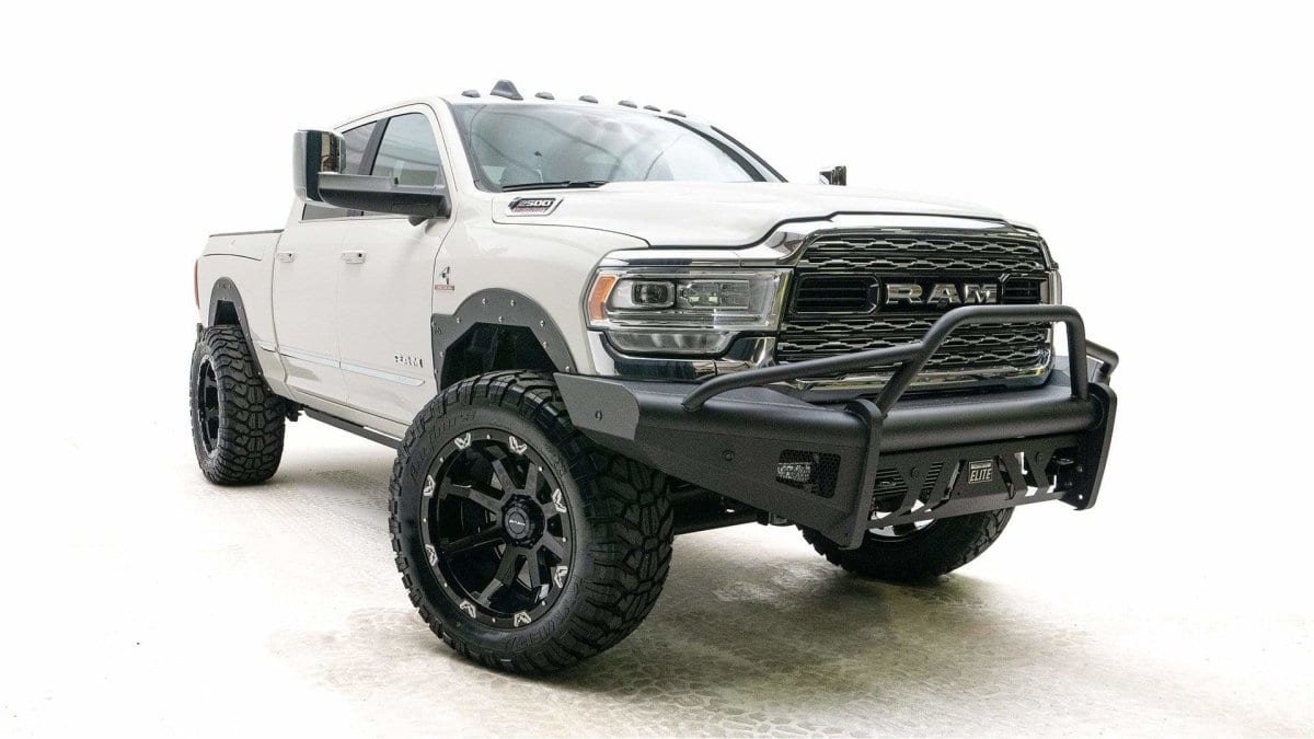 Fab Fours DR19 - Q4462 - 1 Ram 2500/3500 HD 2019 - 2024 Black Steel Elite Front Bumper Pre - Runner Guard - Rugged Truck Gear