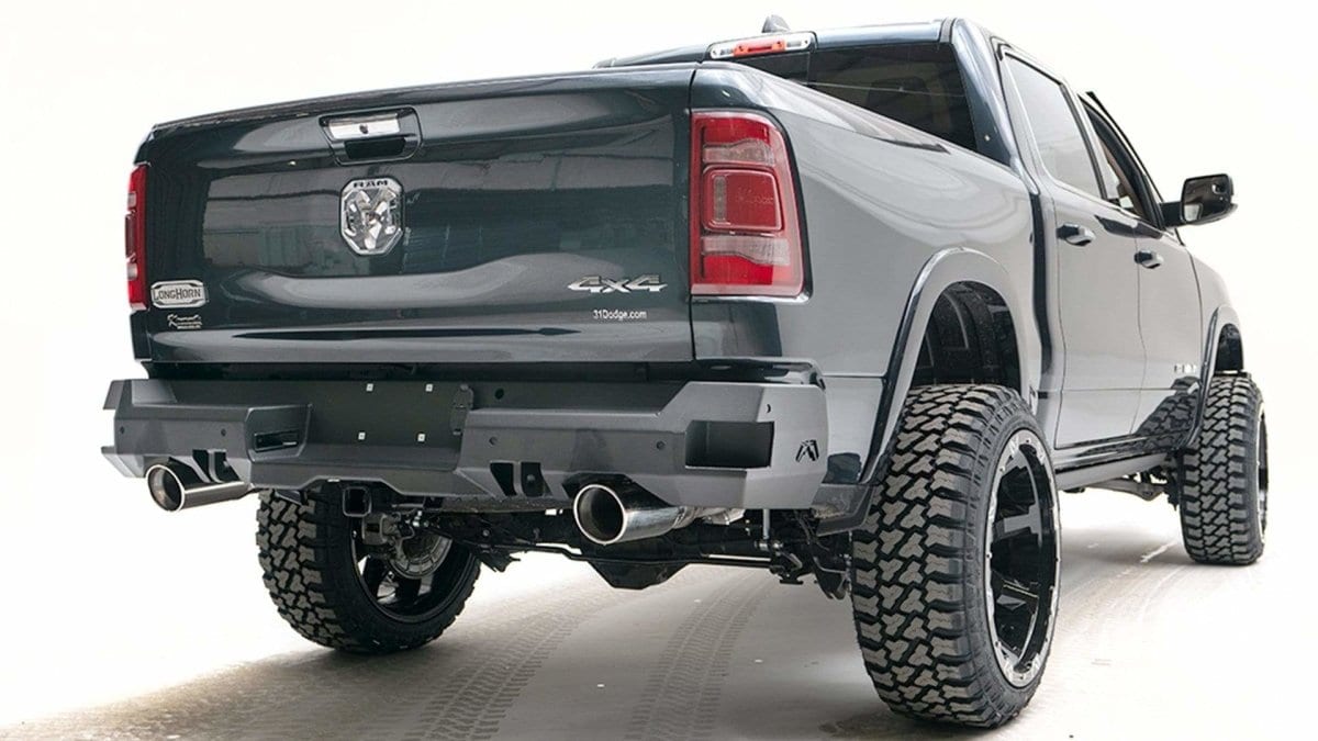 Fab Fours DR19 - W4251 - 1 Ram 1500 2019 - 2024 Premium Rear Bumper Sensor Dual Exhaust - Rugged Truck Gear