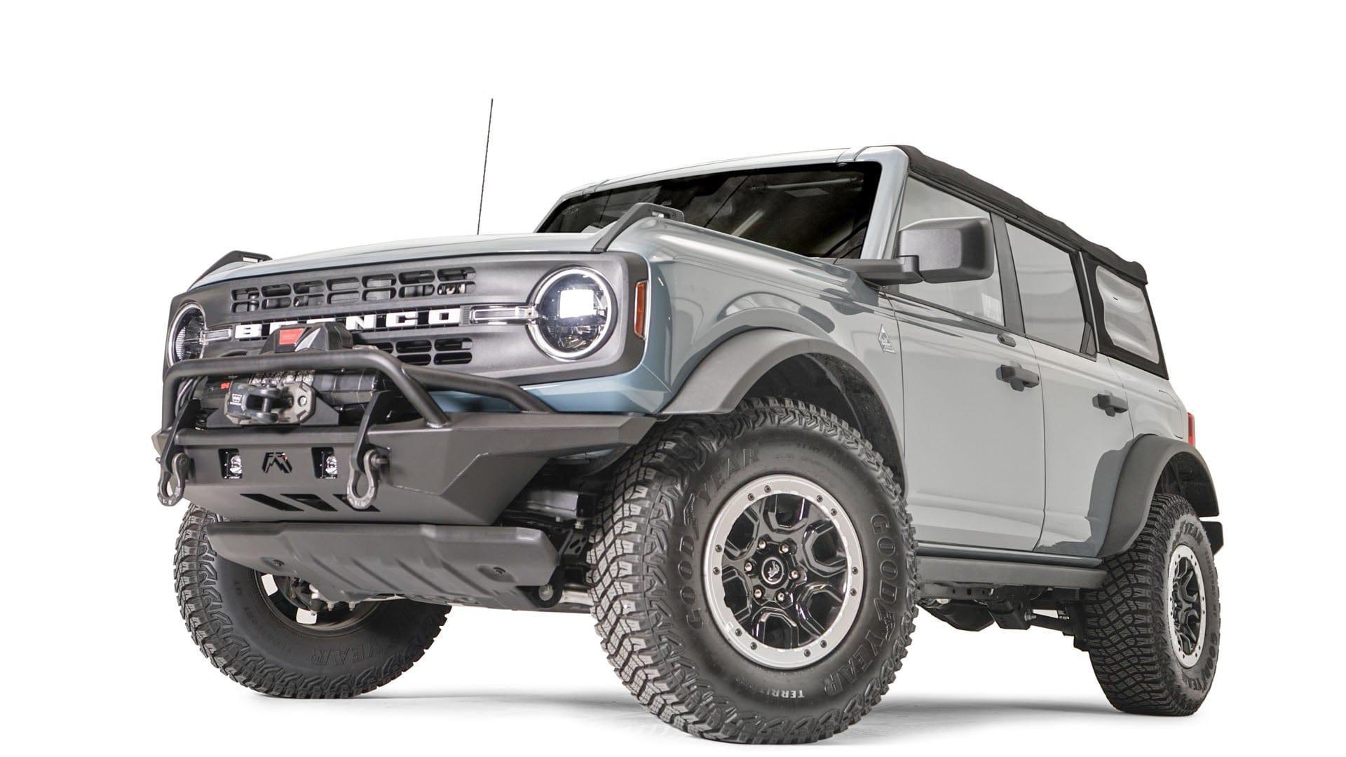 Fab Fours FB21 - B5252 - 1 Ford Bronco 2021 - 2024 Stubby Front Winch Bumper Pre - Runner Guard - Rugged Truck Gear
