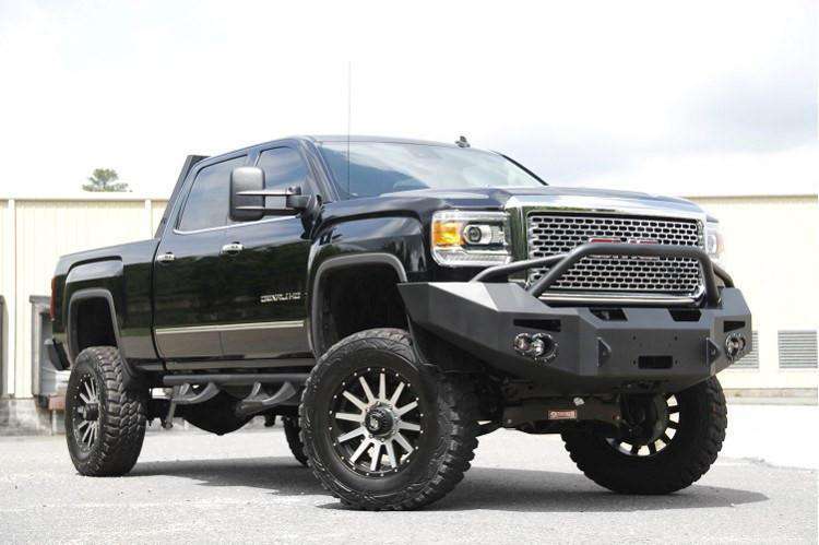 Fab Fours GM14 - A3152 - 1 GMC Sierra 2500/3500 HD 2015 - 2019 Premium Front Bumper Winch Ready Pre - Runner Guard Non - Sensor - Rugged Truck Gear