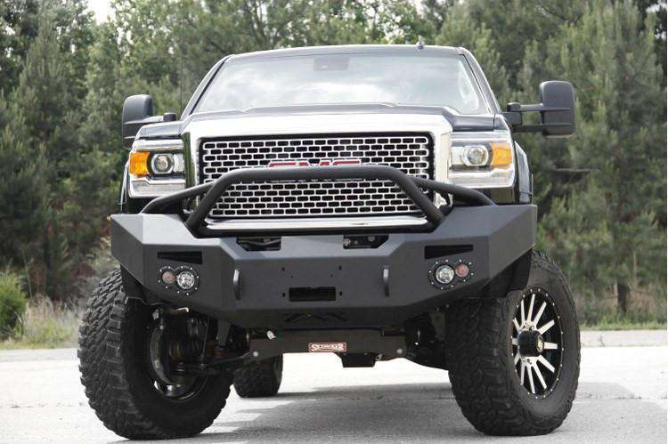Fab Fours GM14 - A3152 - 1 GMC Sierra 2500/3500 HD 2015 - 2019 Premium Front Bumper Winch Ready Pre - Runner Guard Non - Sensor - Rugged Truck Gear