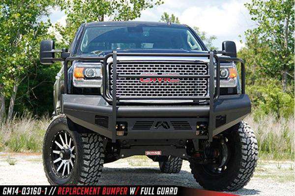 Fab Fours GM14 - Q3160 - 1 GMC Sierra 2500/3500 HD 2015 - 2019 Black Steel Elite Front Bumper Full Guard - Rugged Truck Gear