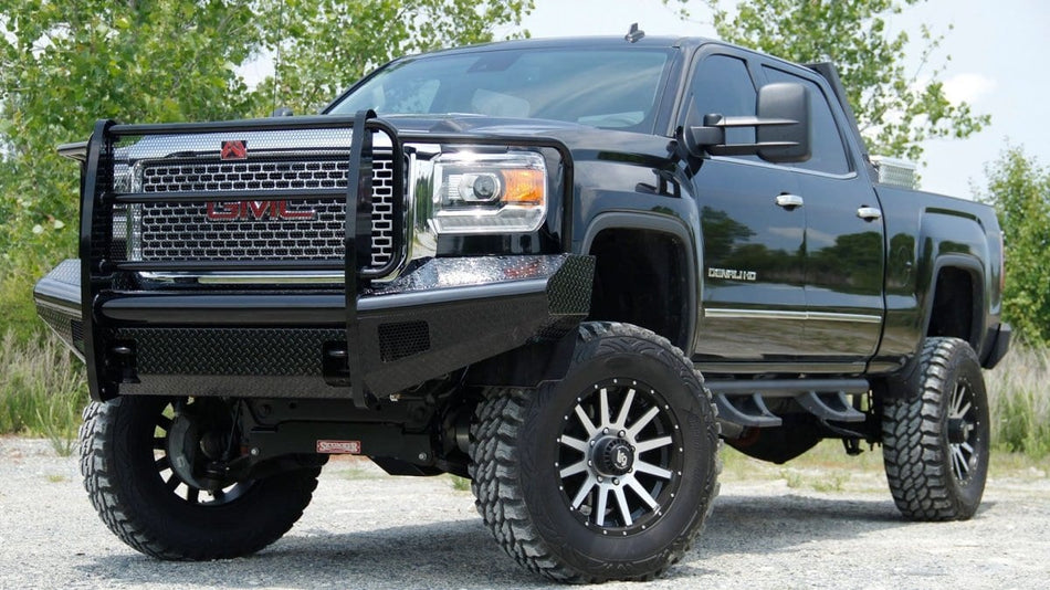 Fab Fours GM14 - S3160 - 1 GMC Sierra 2500/3500 HD 2015 - 2019 Black Steel Front Bumper Full Guard - Rugged Truck Gear
