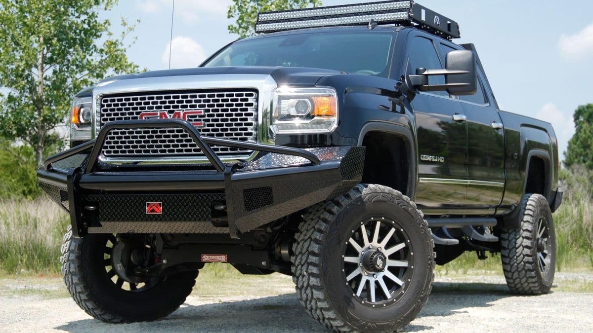 Fab Fours GM14 - S3162 - 1 GMC Sierra 2500/3500 HD 2015 - 2019 Black Steel Front Bumper Pre - Runner Guard - Rugged Truck Gear