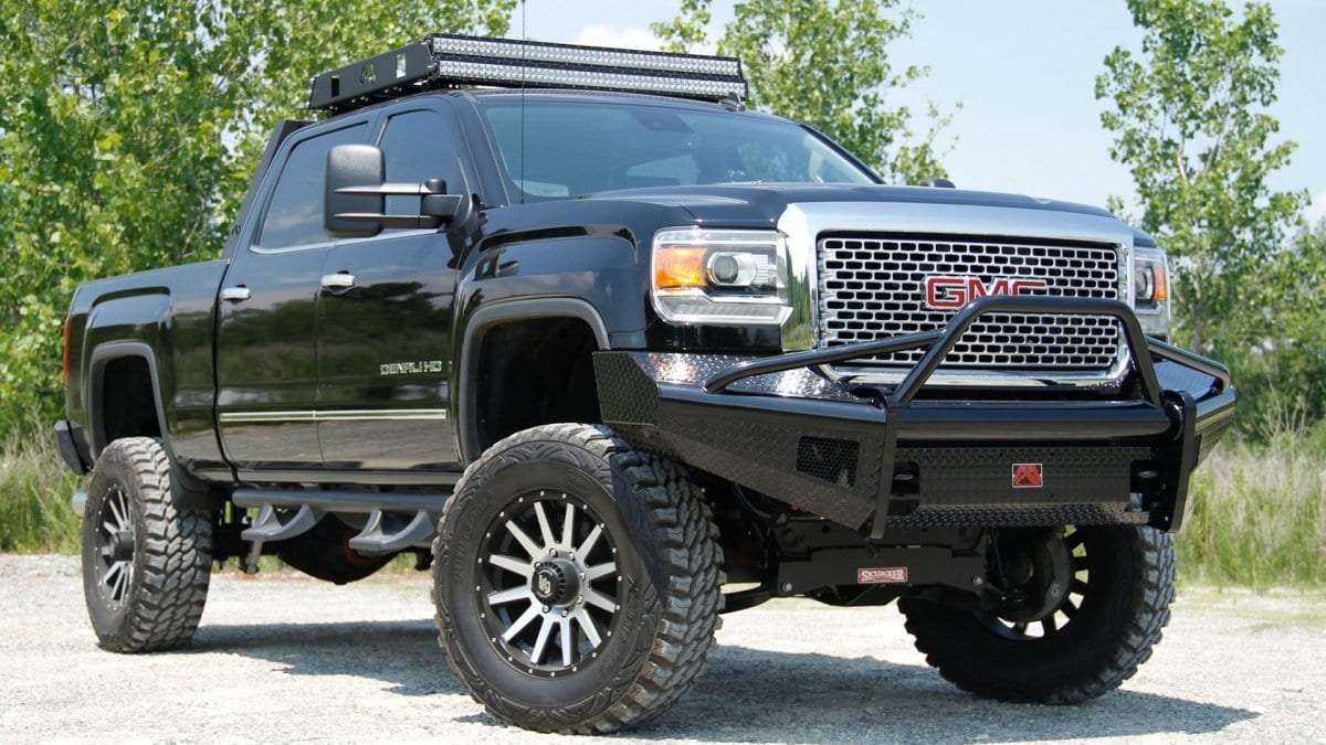 Fab Fours GM14 - S3162 - 1 GMC Sierra 2500/3500 HD 2015 - 2019 Black Steel Front Bumper Pre - Runner Guard - Rugged Truck Gear