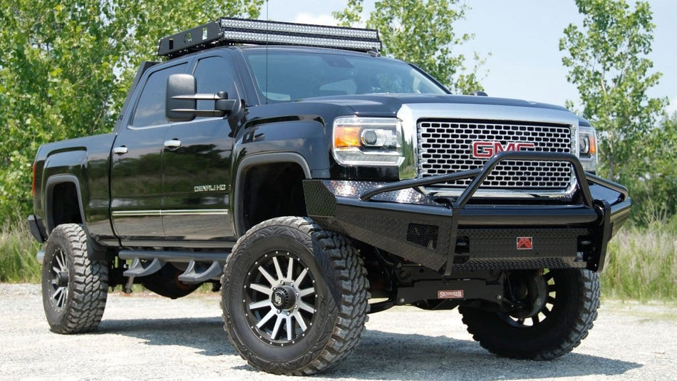 Fab Fours GM14 - S3162 - 1 GMC Sierra 2500/3500 HD 2015 - 2019 Black Steel Front Bumper Pre - Runner Guard - Rugged Truck Gear