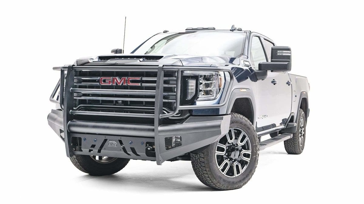 Fab Fours GM20 - Q5060 - 1 GMC Sierra 2500/3500 HD 2020 - 2022 Black Steel Elite Front Bumper Full Guard - Rugged Truck Gear