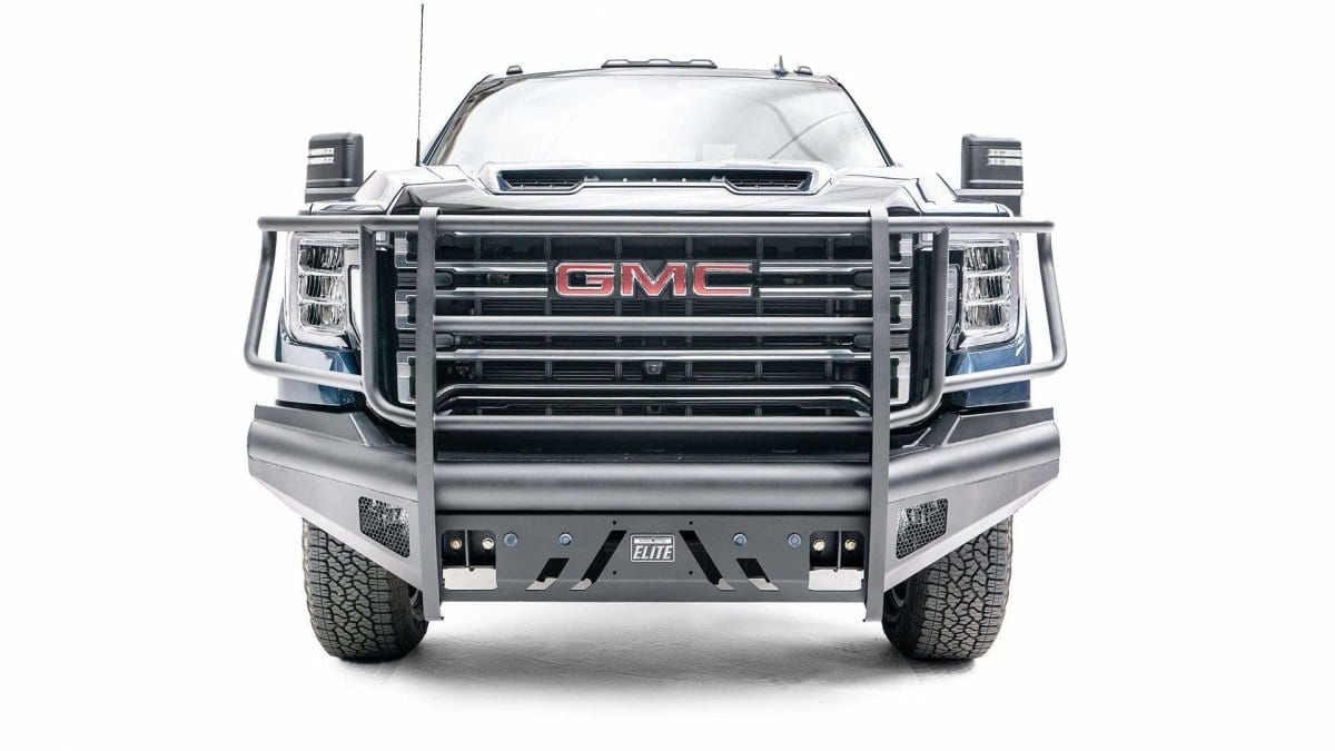 Fab Fours GM20 - Q5060 - 1 GMC Sierra 2500/3500 HD 2020 - 2022 Black Steel Elite Front Bumper Full Guard - Rugged Truck Gear