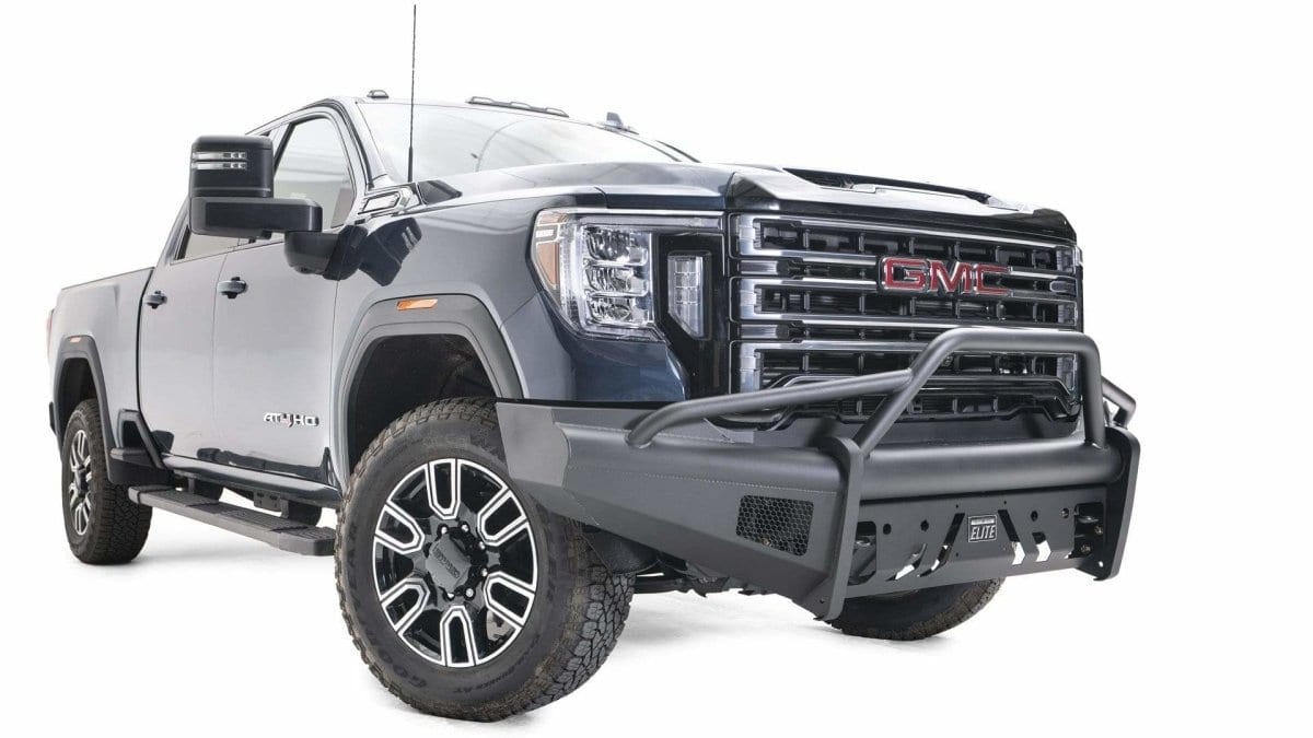 Fab Fours GM20 - Q5062 - 1 GMC Sierra 2500/3500 HD 2020 - 2022 Black Steel Elite Front Bumper Pre - Runner Guard - Rugged Truck Gear