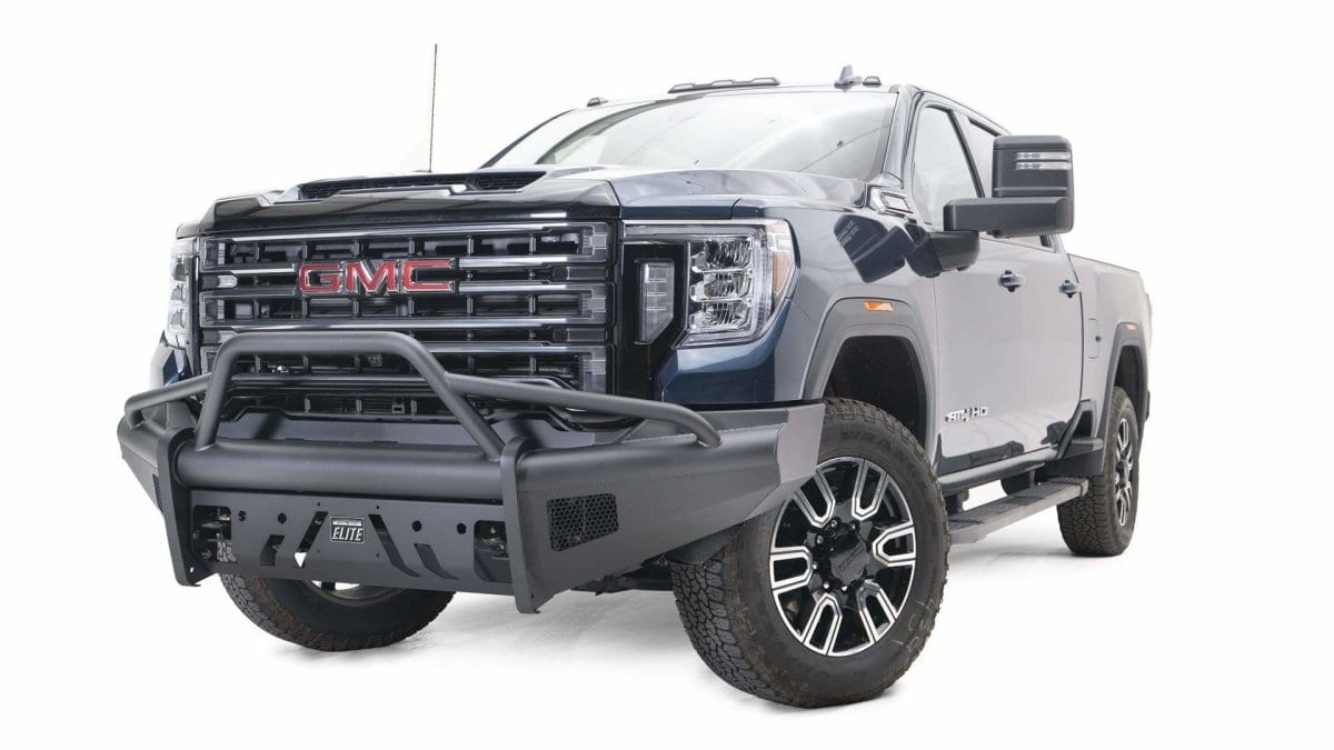 Fab Fours GM20 - Q5062 - 1 GMC Sierra 2500/3500 HD 2020 - 2022 Black Steel Elite Front Bumper Pre - Runner Guard - Rugged Truck Gear