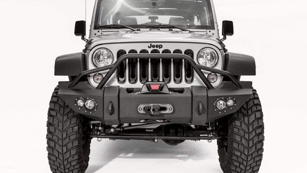 Fab Fours JK07 - B1850 - 1 Jeep Wrangler JK 2007 - 2018 Lifestyle Front Winch Bumper Pre - Runner Guard - Rugged Truck Gear