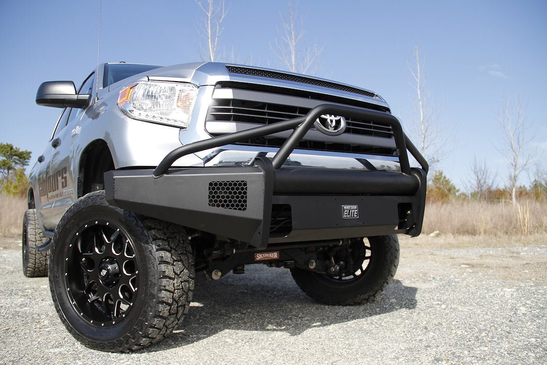 Fab Fours TT14-R2862-1 Toyota Tundra 2014-2021 Black Steel Elite Front Bumper Pre-Runner Guard - Rugged Truck Gear
