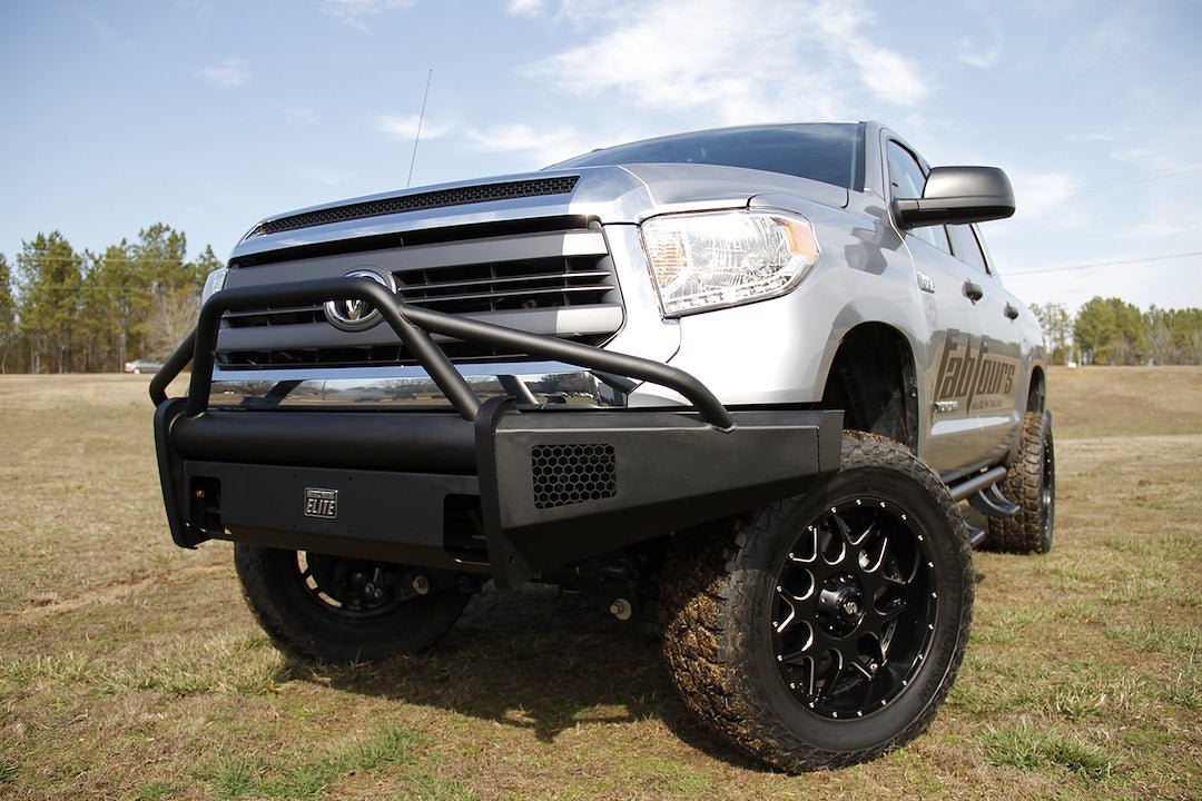 Fab Fours TT14-R2862-1 Toyota Tundra 2014-2021 Black Steel Elite Front Bumper Pre-Runner Guard - Rugged Truck Gear