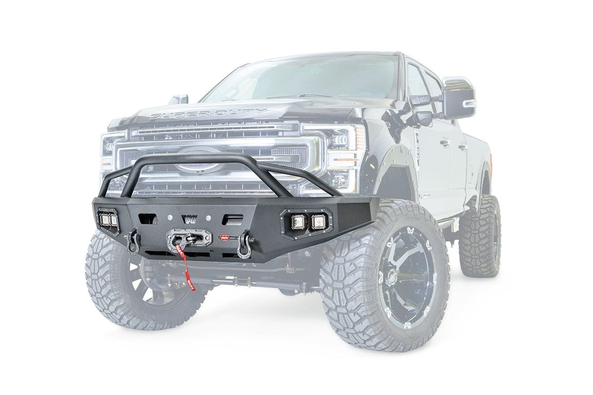 WARN Ascent HD 106918 2019 - 2022 Ford F250/F350 Super Duty Front Winch Bumper with Baja Grille Guard - Rugged Truck Gear