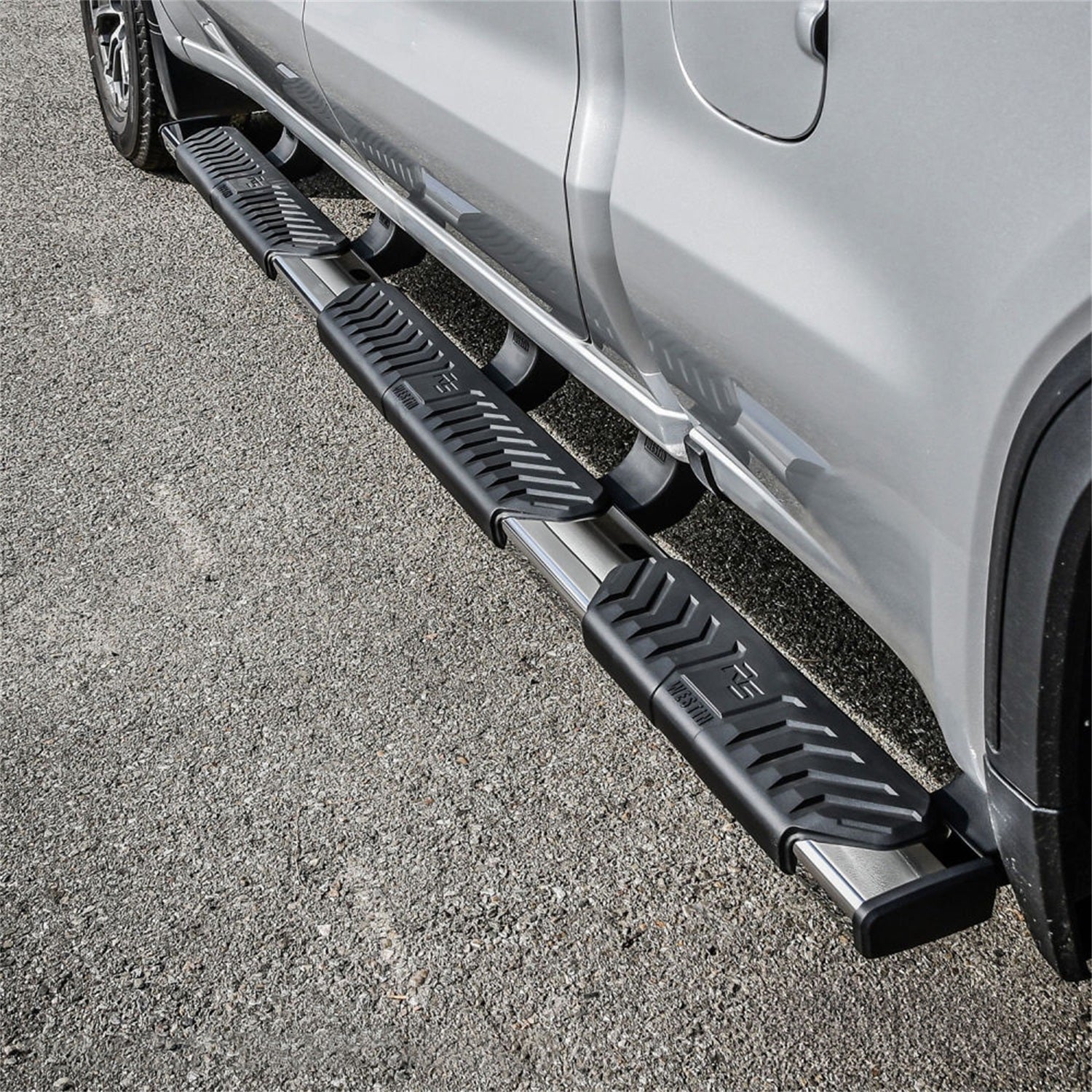Westin 28 - 534680 2019 - 2023 GMC Sierra 1500 R5 M - Series 5 in. Wheel - to - Wheel Nerf Step Bars - 72 in. Long - Rugged Truck Gear