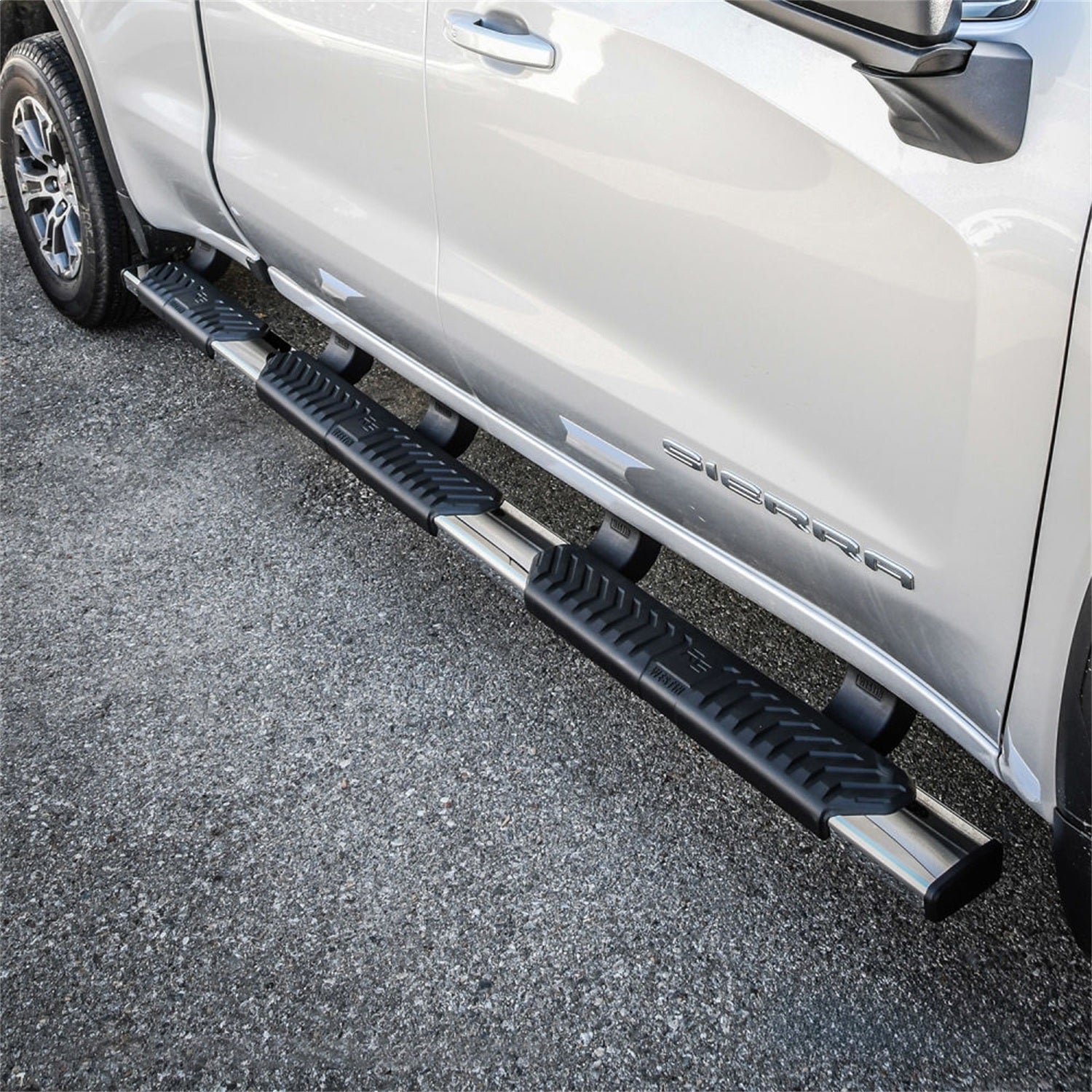 Westin 28 - 534680 2019 - 2023 GMC Sierra 1500 R5 M - Series 5 in. Wheel - to - Wheel Nerf Step Bars - 72 in. Long - Rugged Truck Gear